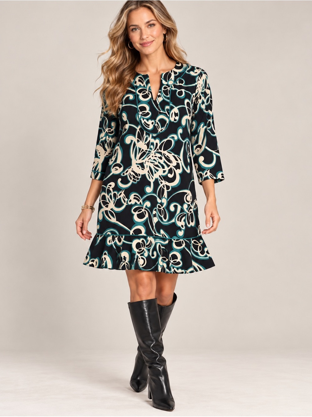 Chico's Black Teal Cream Abstract Ruffle-Hem Mini Dress